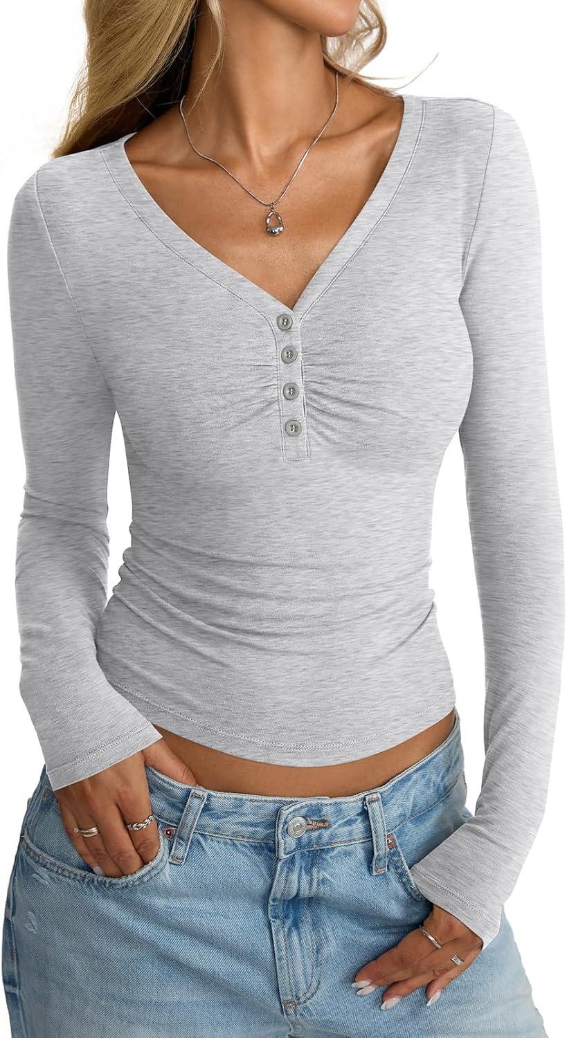 imageWomen Cotton Long Sleeve Henley Shirts V Neck Front Ruched Tops Sexy Low Cut Fitted TShirt Trendy Fall 2025Light Heather Grey