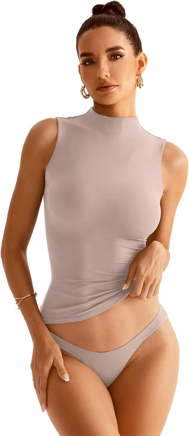 imageWomen Sleeveless Mock Turtle Neck Tops Double Lined Fitted Tank Tops Basic T Shirts 2025Apricot