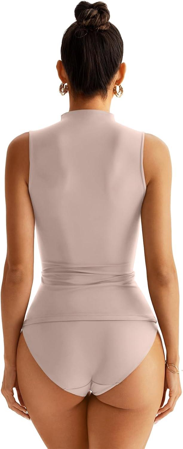 imageWomen Sleeveless Mock Turtle Neck Tops Double Lined Fitted Tank Tops Basic T Shirts 2025Apricot