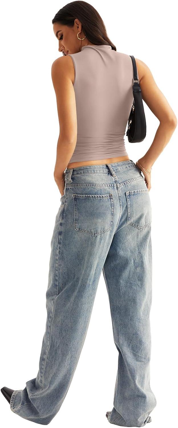 imageWomen Sleeveless Mock Turtle Neck Tops Double Lined Fitted Tank Tops Basic T Shirts 2025Apricot