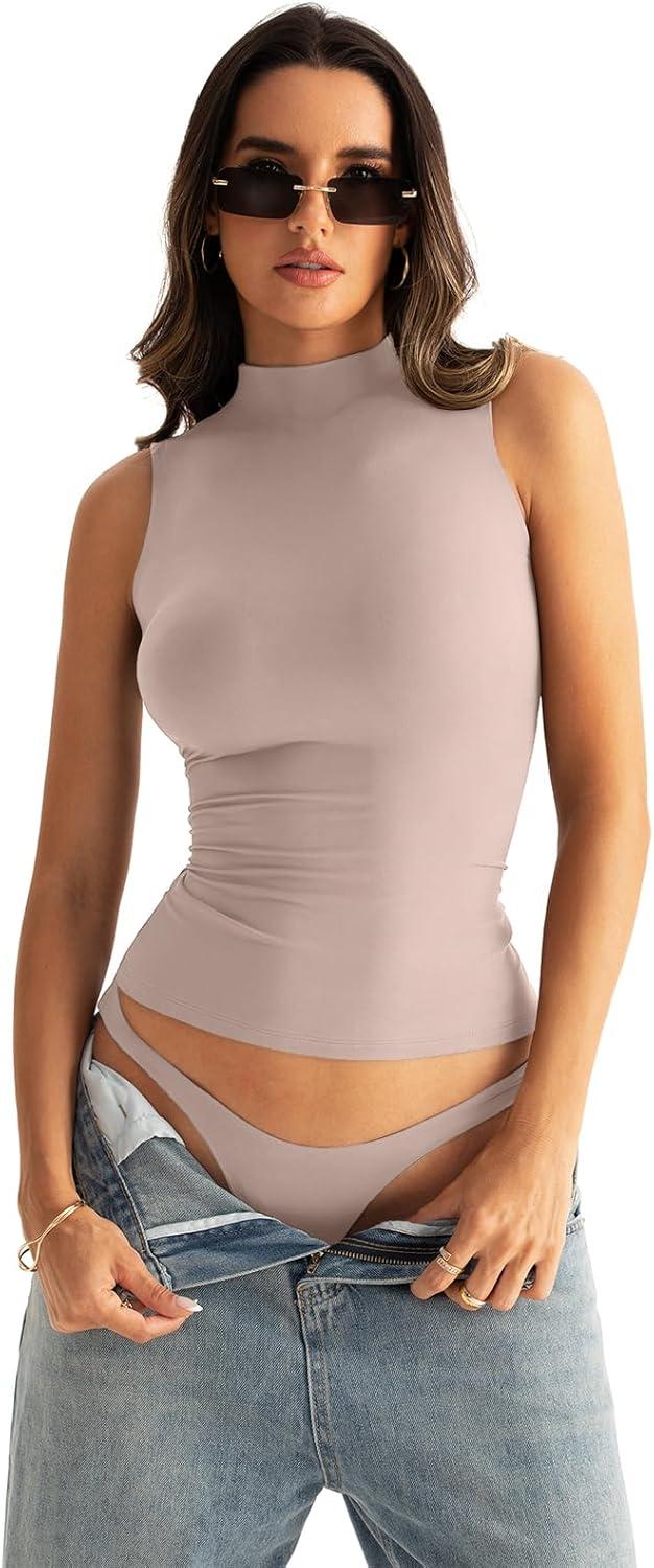 imageWomen Sleeveless Mock Turtle Neck Tops Double Lined Fitted Tank Tops Basic T Shirts 2025Apricot