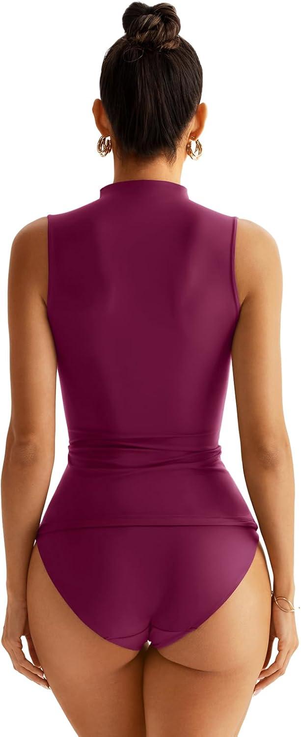 imageWomen Sleeveless Mock Turtle Neck Tops Double Lined Fitted Tank Tops Basic T Shirts 2025Dark Magenta