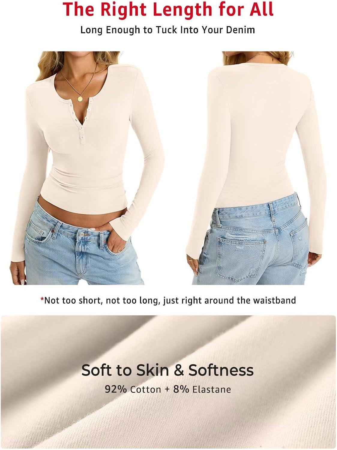 imageWomens Cotton Long Sleeve Shirts V Neck Henley Tops Slim Fit Basic Going Out Tshirts Fall Fashion Outfits 2025Cream White