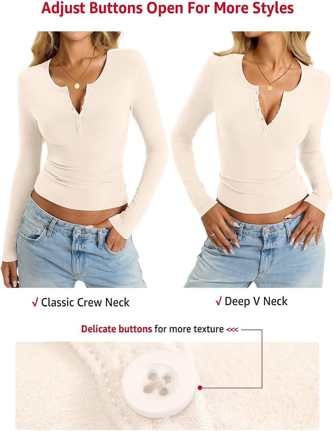 imageWomens Cotton Long Sleeve Shirts V Neck Henley Tops Slim Fit Basic Going Out Tshirts Fall Fashion Outfits 2025Cream White