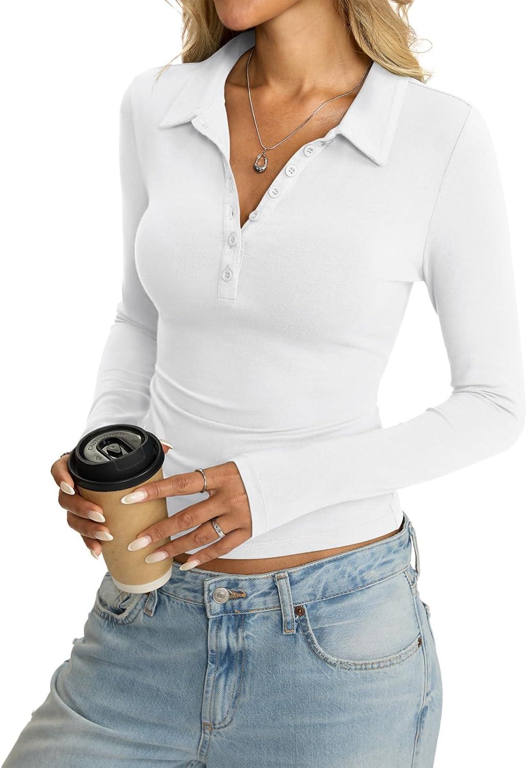 imageWomens Cotton Polo Collared Shirt Long Sleeve Sexy Deep V Neck Top Button Up Slim Fitted Tee Business Casual OutfitTrue White