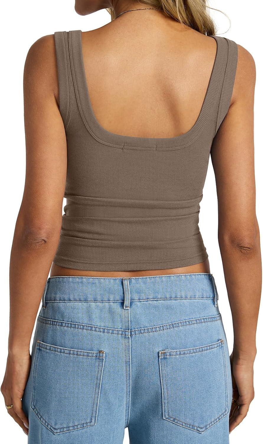 imageWomens Cotton Ribbed Square Neck Tank Tops Basic Backless Sleeveless Summer Cami Shirts 2025Coffee