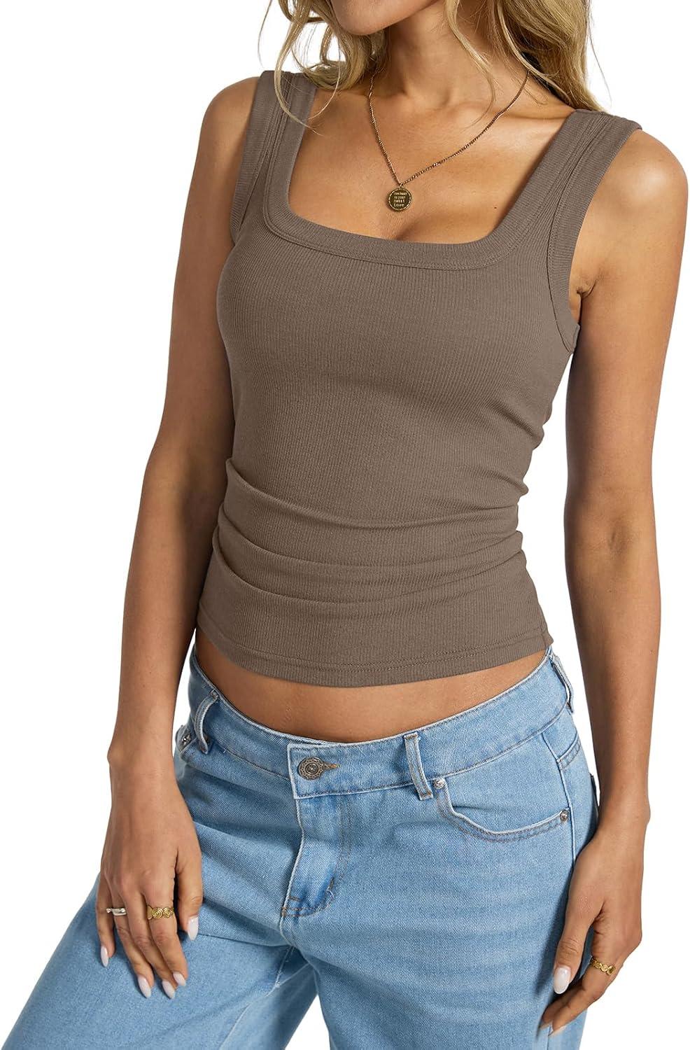 imageWomens Cotton Ribbed Square Neck Tank Tops Basic Backless Sleeveless Summer Cami Shirts 2025Coffee