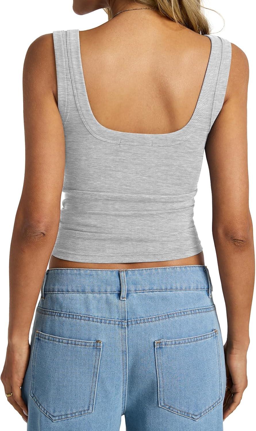 imageWomens Cotton Ribbed Square Neck Tank Tops Basic Backless Sleeveless Summer Cami Shirts 2025Grey