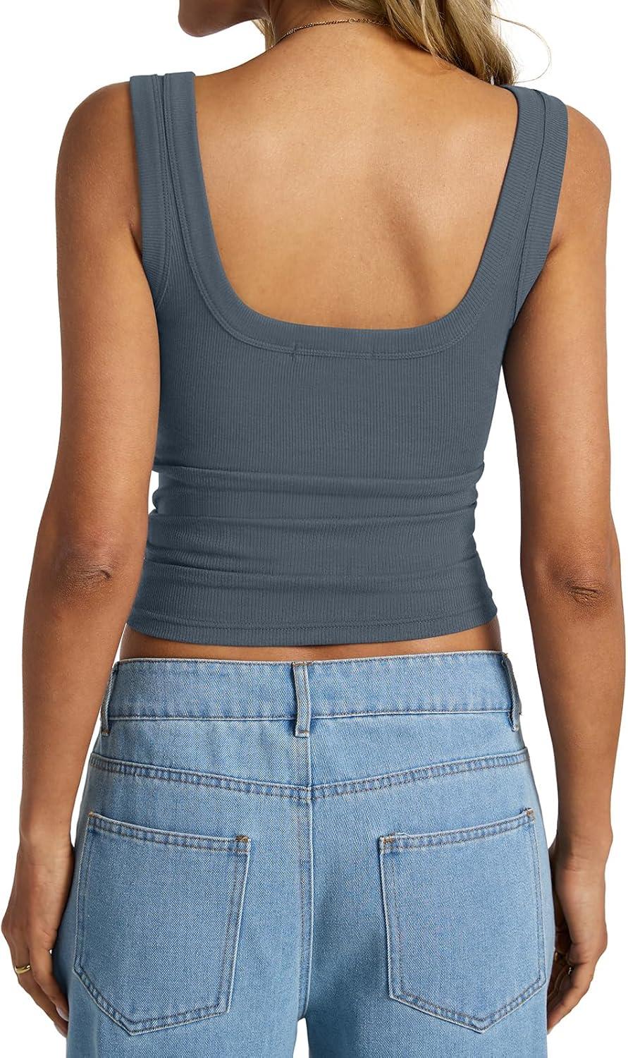 imageWomens Cotton Ribbed Square Neck Tank Tops Basic Backless Sleeveless Summer Cami Shirts 2025Grey Blue