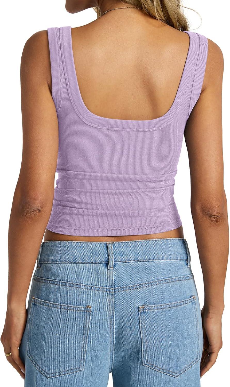 imageWomens Cotton Ribbed Square Neck Tank Tops Basic Backless Sleeveless Summer Cami Shirts 2025Violet