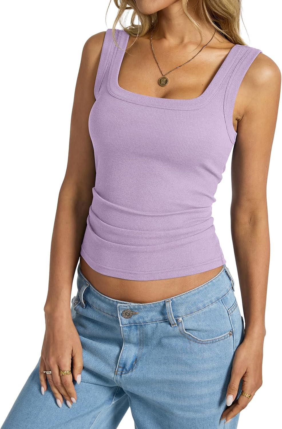 imageWomens Cotton Ribbed Square Neck Tank Tops Basic Backless Sleeveless Summer Cami Shirts 2025Violet