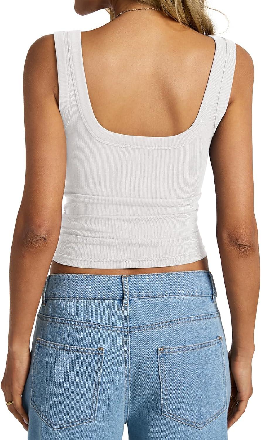 imageWomens Cotton Ribbed Square Neck Tank Tops Basic Backless Sleeveless Summer Cami Shirts 2025White