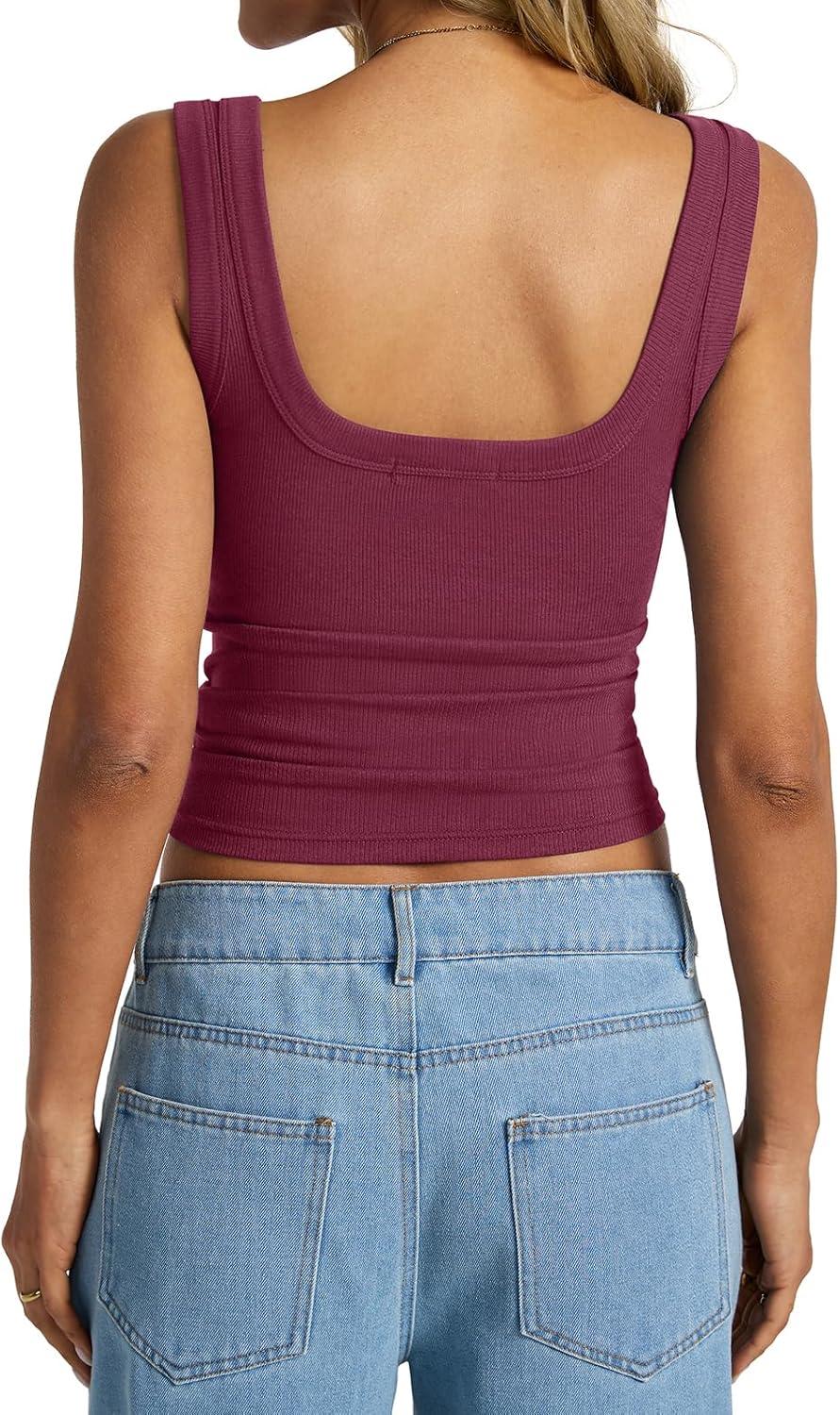 imageWomens Cotton Ribbed Square Neck Tank Tops Basic Backless Sleeveless Summer Cami Shirts 2025Wine Red