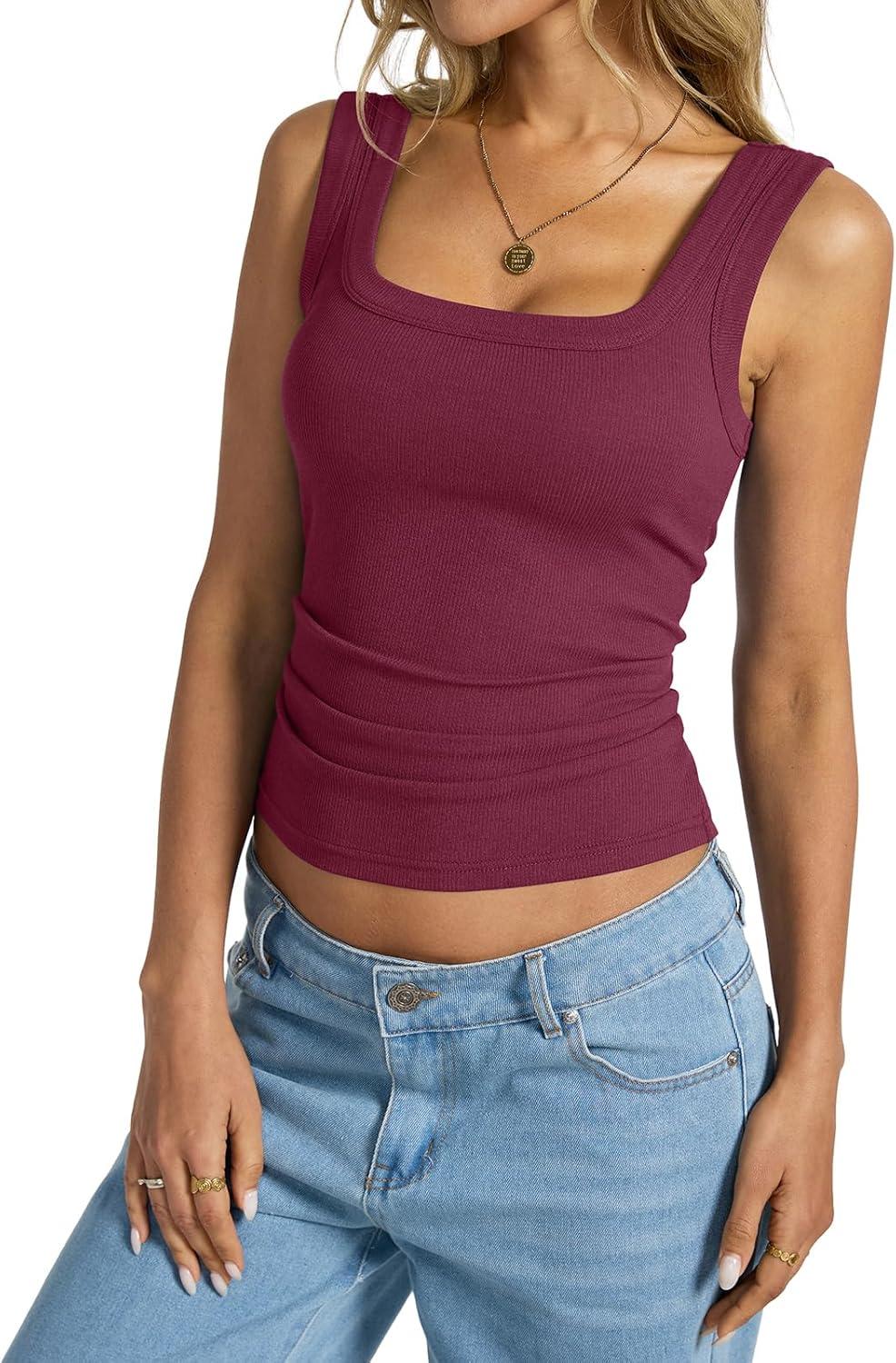 imageWomens Cotton Ribbed Square Neck Tank Tops Basic Backless Sleeveless Summer Cami Shirts 2025Wine Red