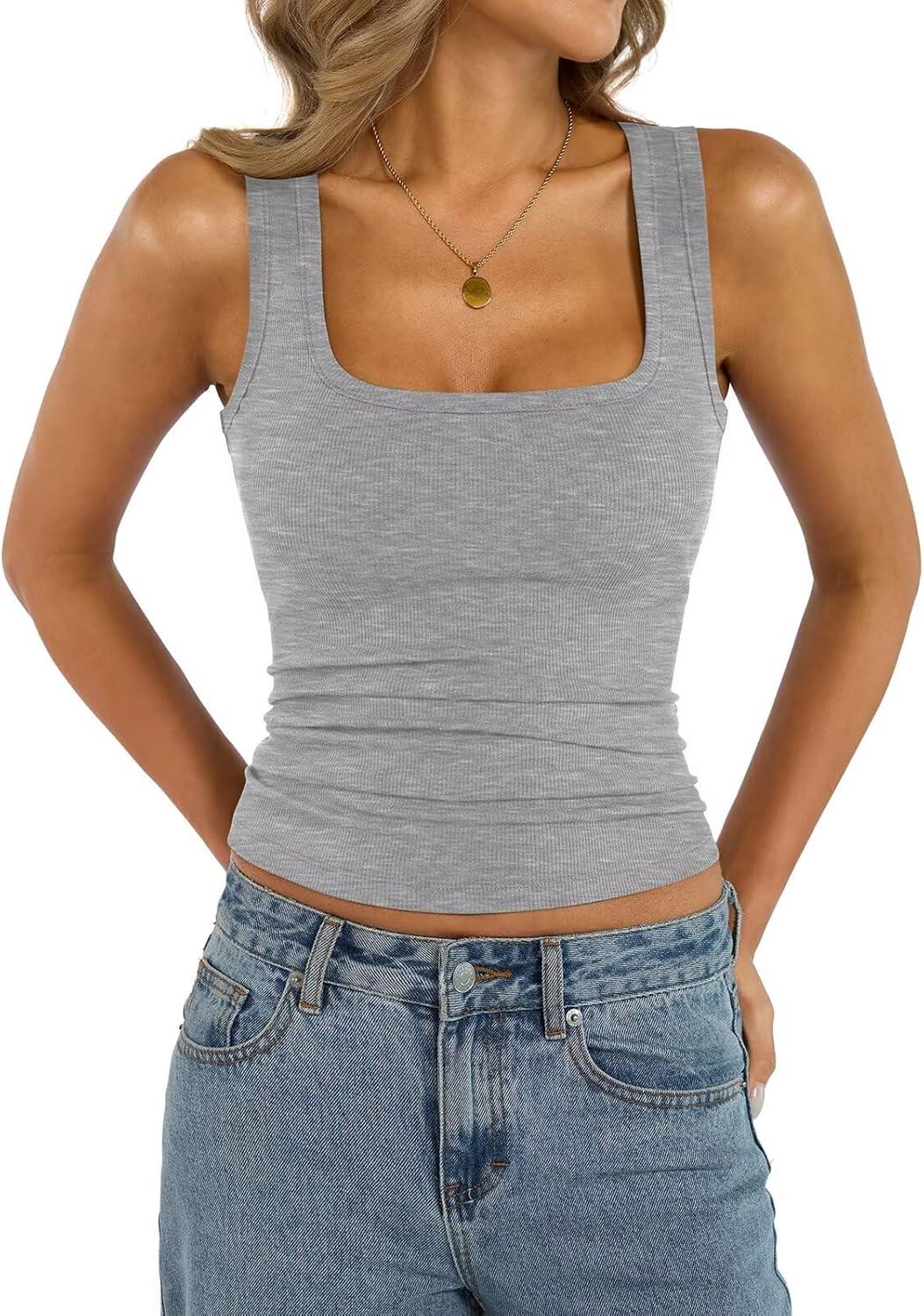 imageWomens Cotton Square Neck Ribbed Tank Tops Fitted Thin Shoulder Strap Sleeveless Basic Summer Cami Clothes 2025Grey