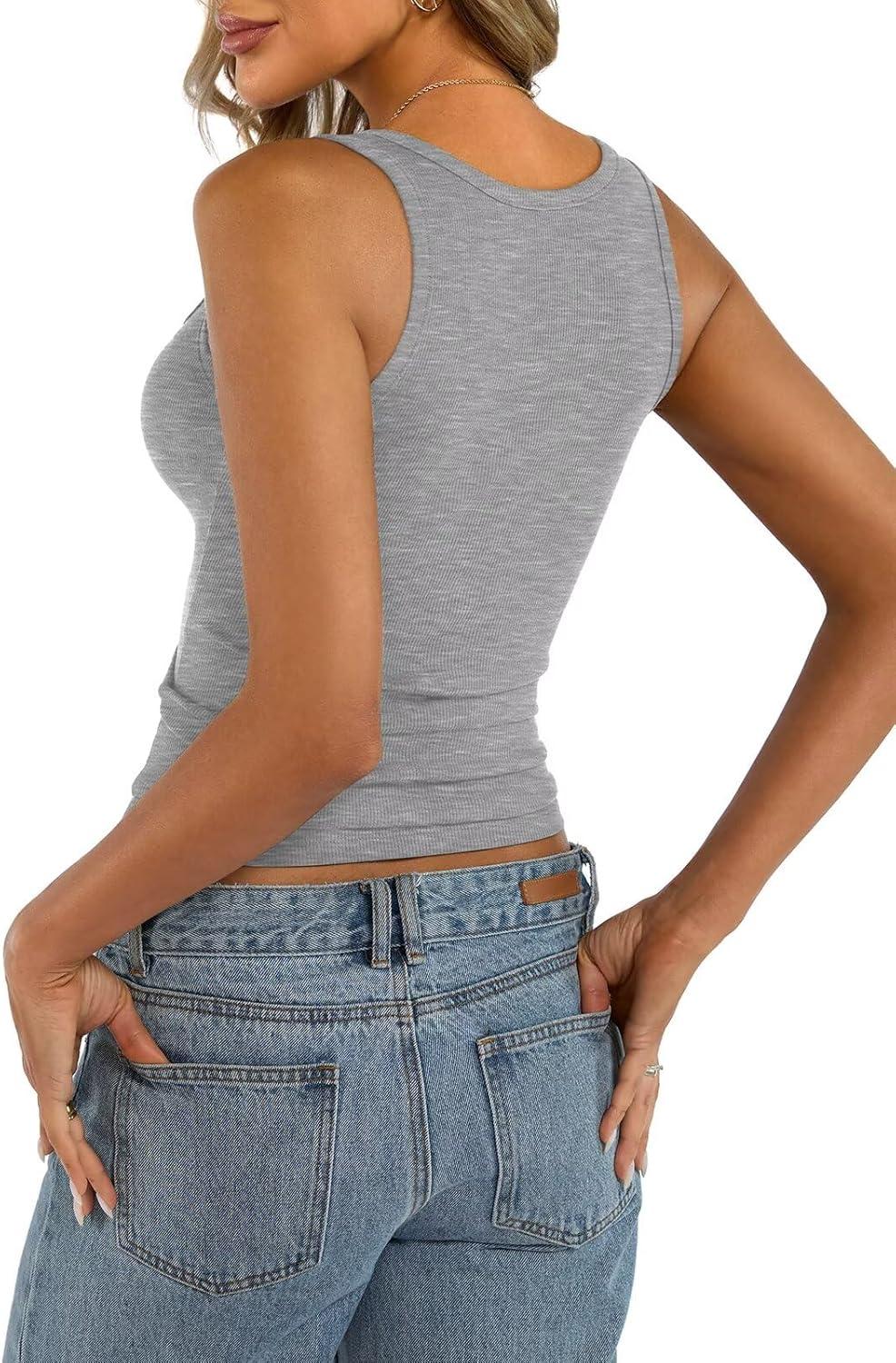 imageWomens Cotton Square Neck Ribbed Tank Tops Fitted Thin Shoulder Strap Sleeveless Basic Summer Cami Clothes 2025Grey