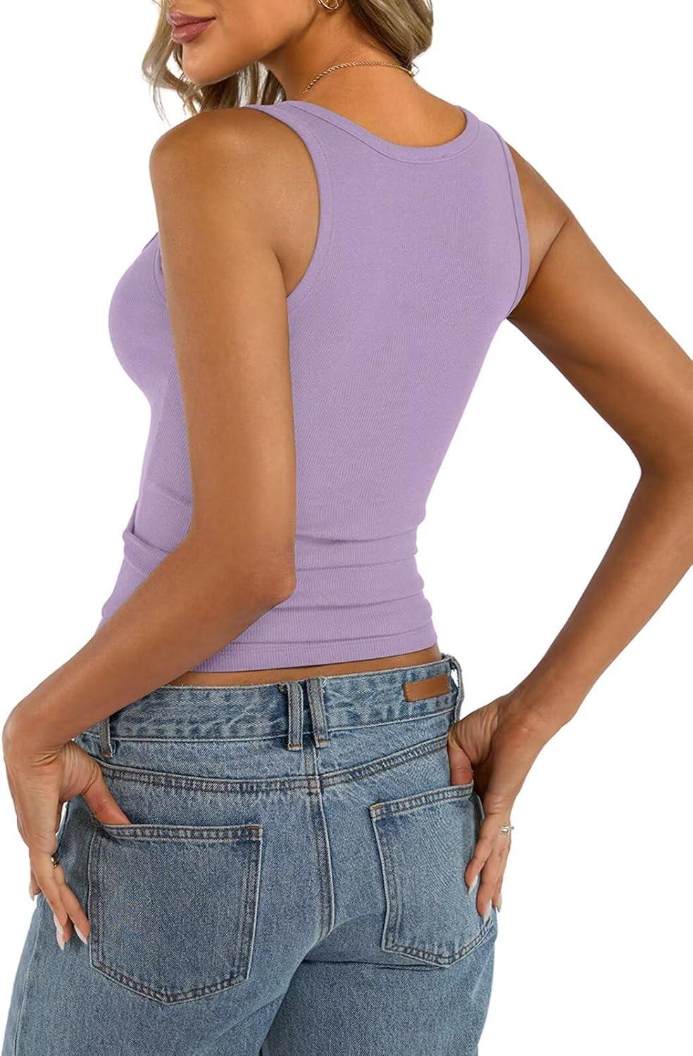 imageWomens Cotton Square Neck Ribbed Tank Tops Fitted Thin Shoulder Strap Sleeveless Basic Summer Cami Clothes 2025Violet
