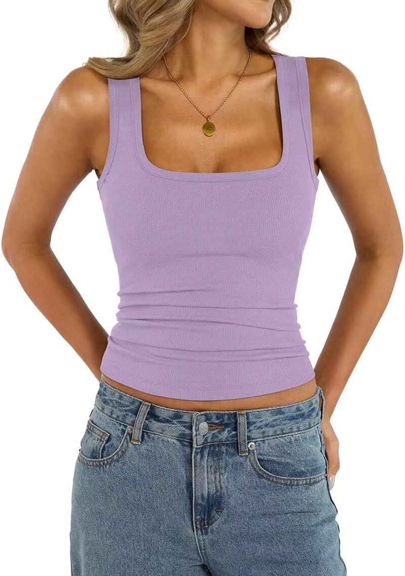 imageWomens Cotton Square Neck Ribbed Tank Tops Fitted Thin Shoulder Strap Sleeveless Basic Summer Cami Clothes 2025Violet