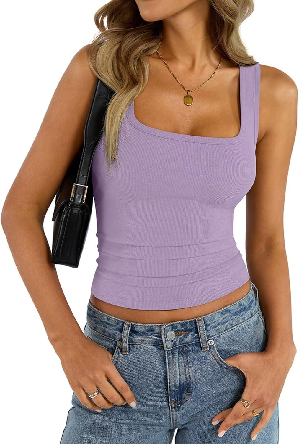 imageWomens Cotton Square Neck Ribbed Tank Tops Fitted Thin Shoulder Strap Sleeveless Basic Summer Cami Clothes 2025Violet