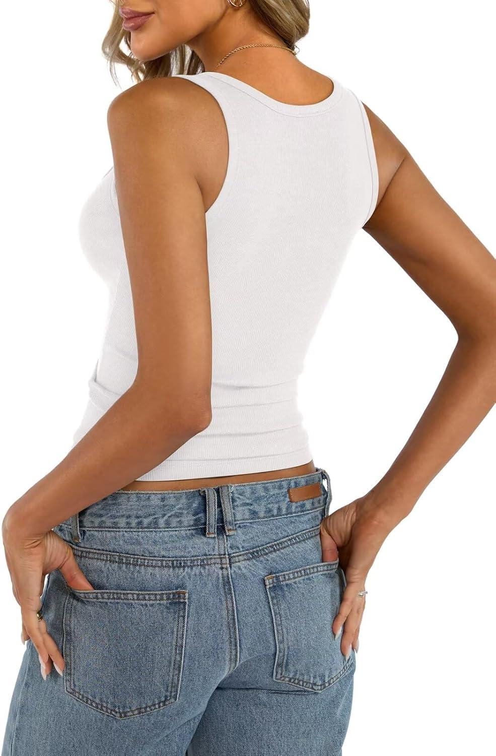 imageWomens Cotton Square Neck Ribbed Tank Tops Fitted Thin Shoulder Strap Sleeveless Basic Summer Cami Clothes 2025White