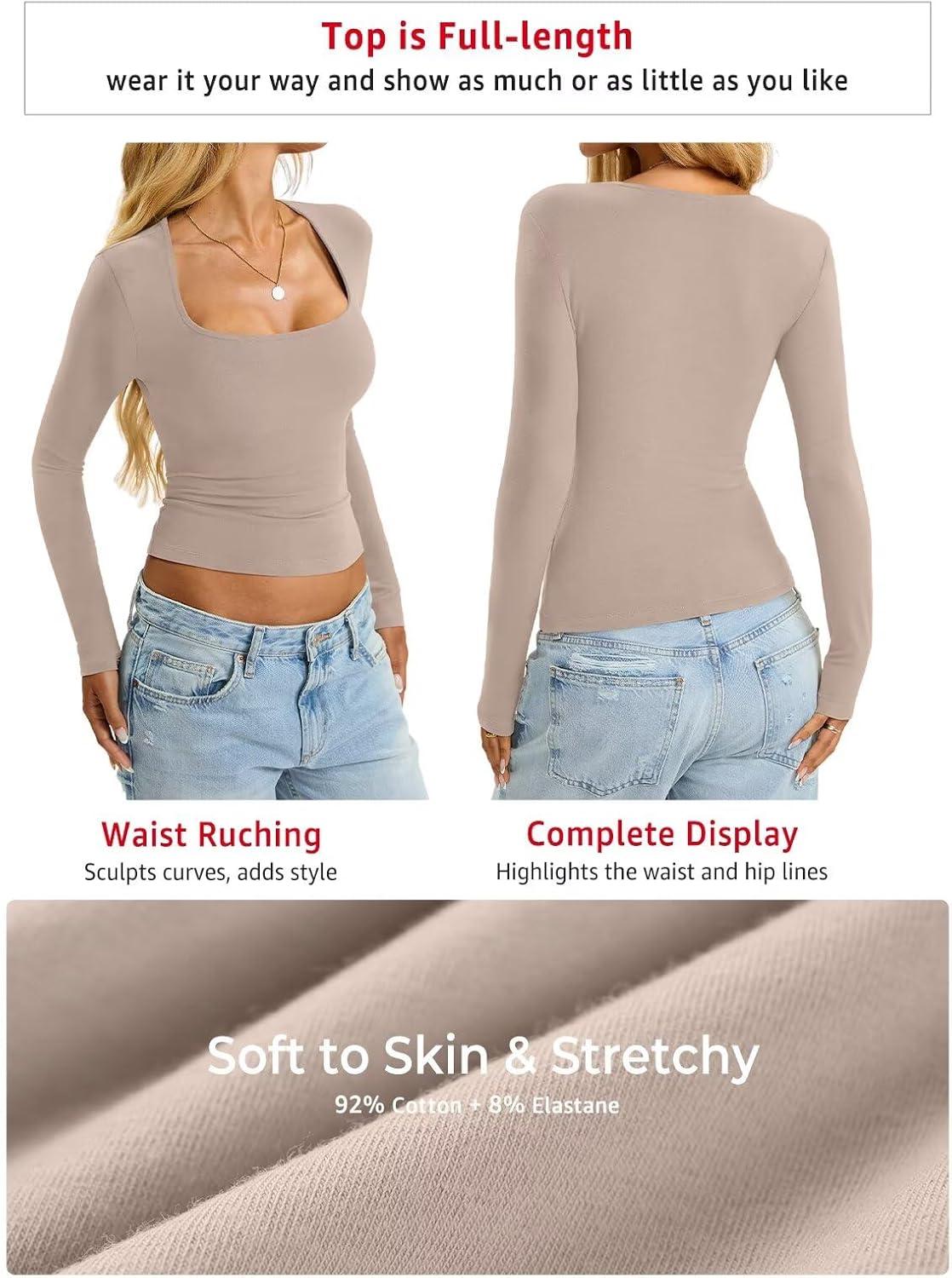 imageWomens Cotton Tops Long Sleeve T Shirts Square Neck Y2k Tops Slim Fit Going Out Fall Fashion Clothes 2025Apricot