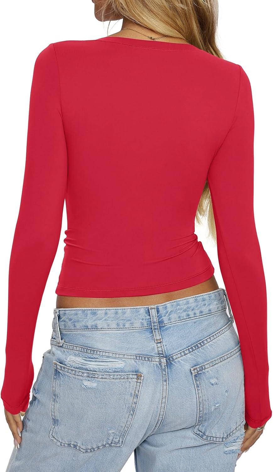 imageWomens Double Lined Scoop Neck Long Sleeve Shirts Fitted Basic Tee Y2k Going Out Tops Fall Clothes 2025Red