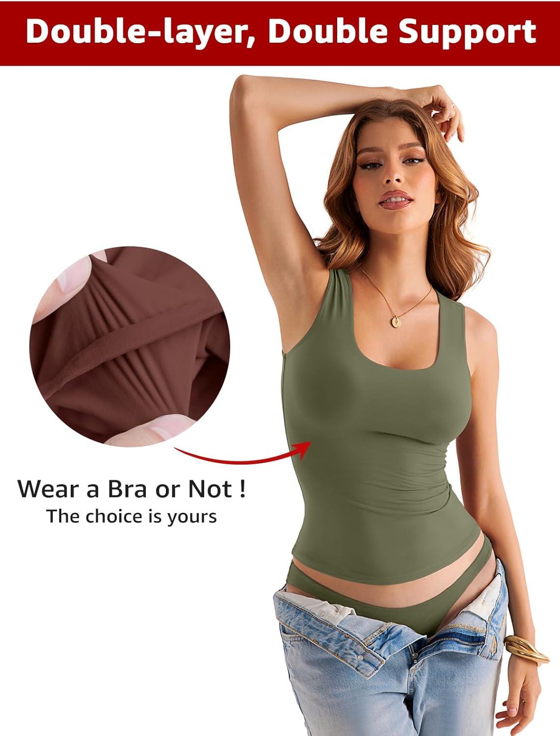 imageWomens Double Lined Scoop Neck Tank Tops Basic Slim Fit Sleeveless Shirts Y2K Summer Going Out OutfitsArmy Green