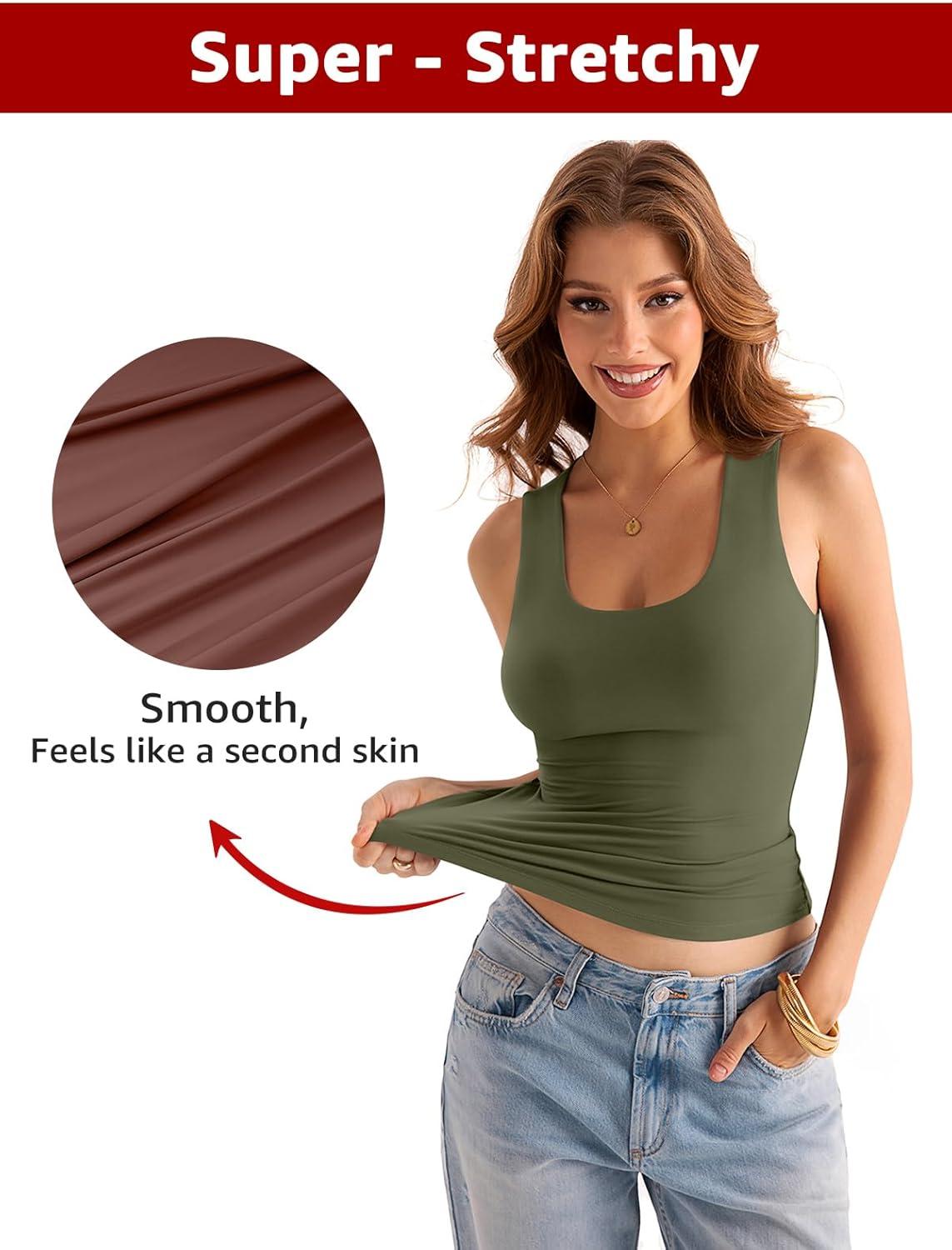 imageWomens Double Lined Scoop Neck Tank Tops Basic Slim Fit Sleeveless Shirts Y2K Summer Going Out OutfitsArmy Green