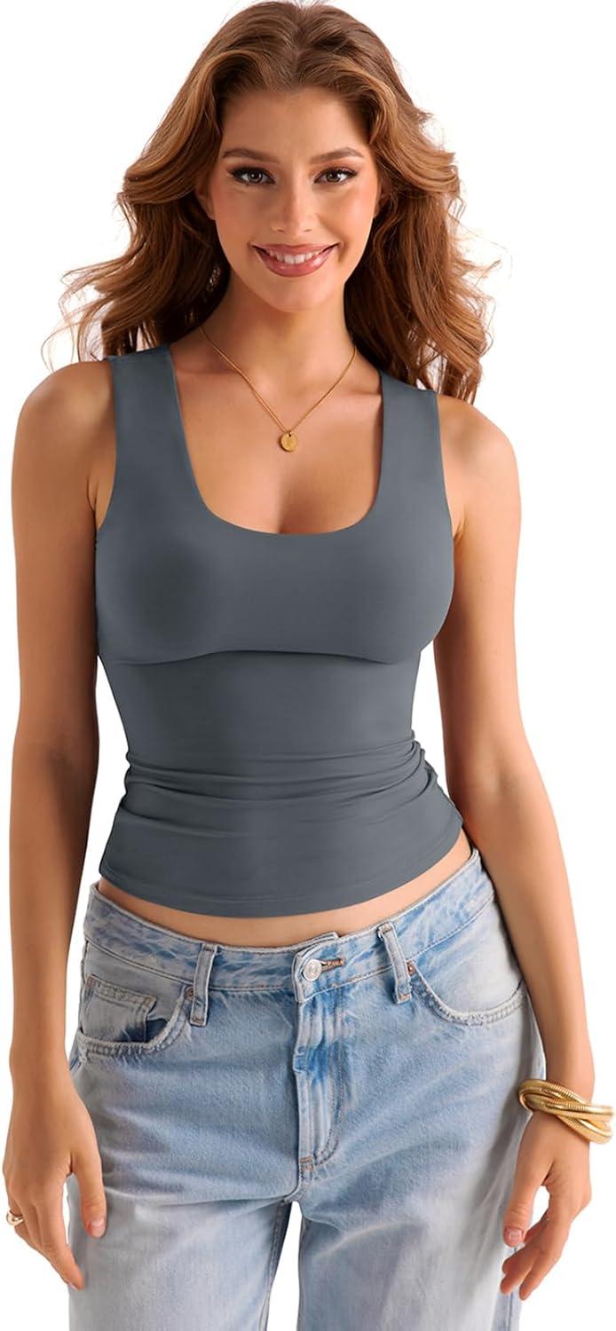 imageWomens Double Lined Scoop Neck Tank Tops Basic Slim Fit Sleeveless Shirts Y2K Summer Going Out OutfitsGrey