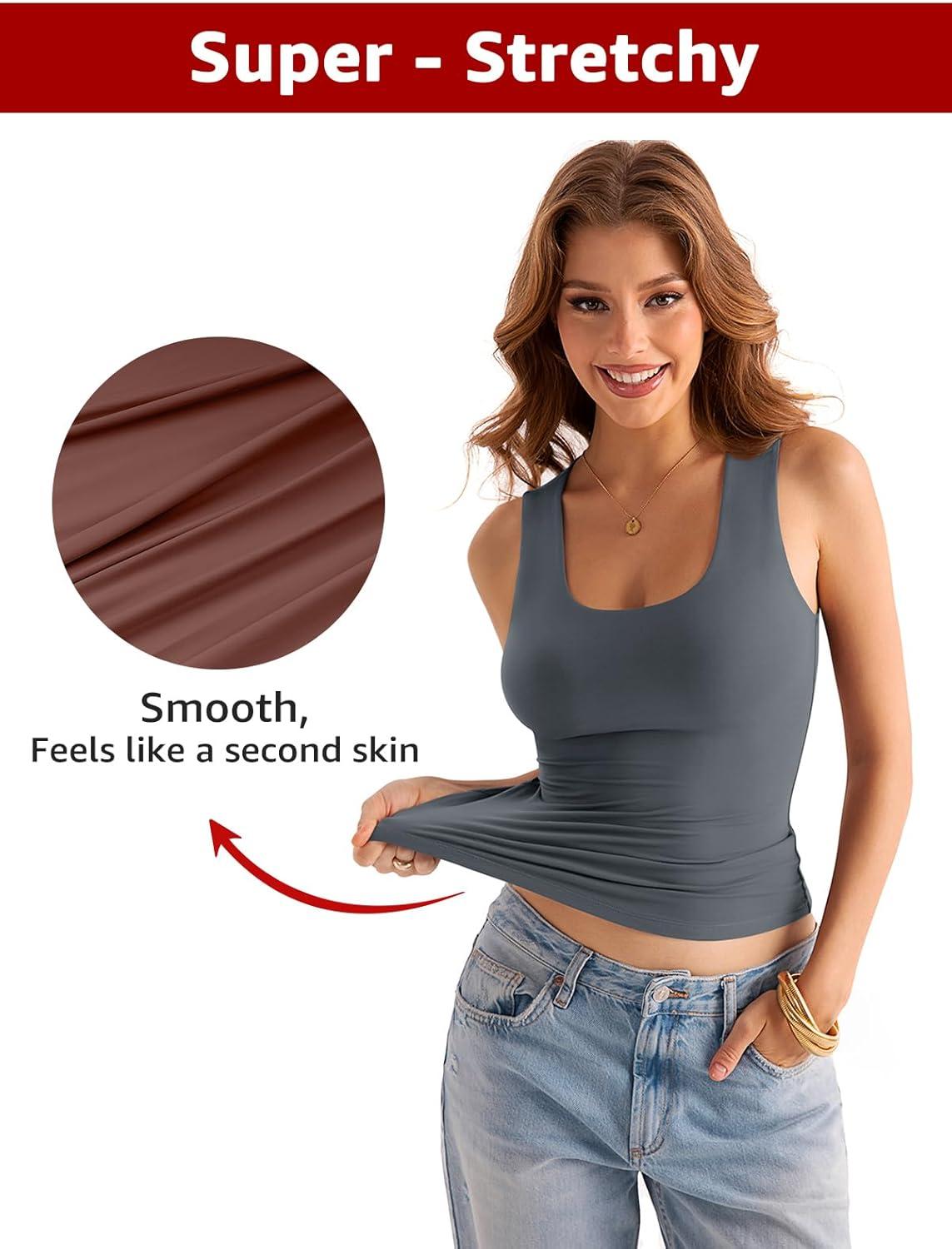 imageWomens Double Lined Scoop Neck Tank Tops Basic Slim Fit Sleeveless Shirts Y2K Summer Going Out OutfitsGrey