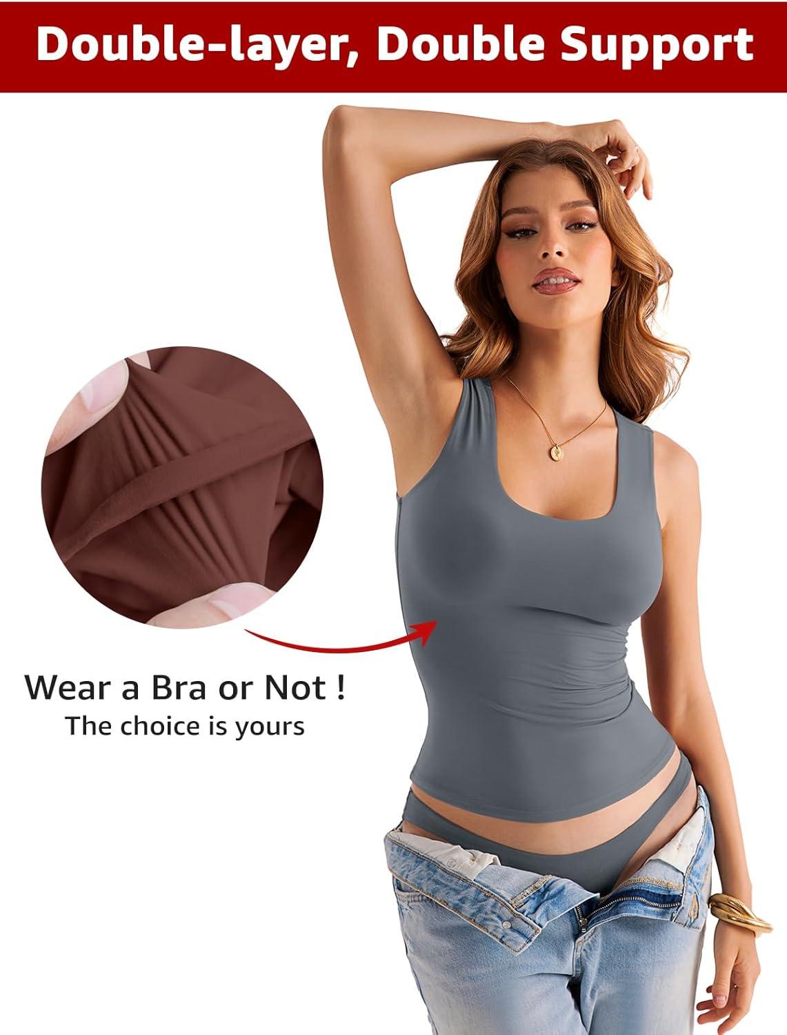 imageWomens Double Lined Scoop Neck Tank Tops Basic Slim Fit Sleeveless Shirts Y2K Summer Going Out OutfitsGrey