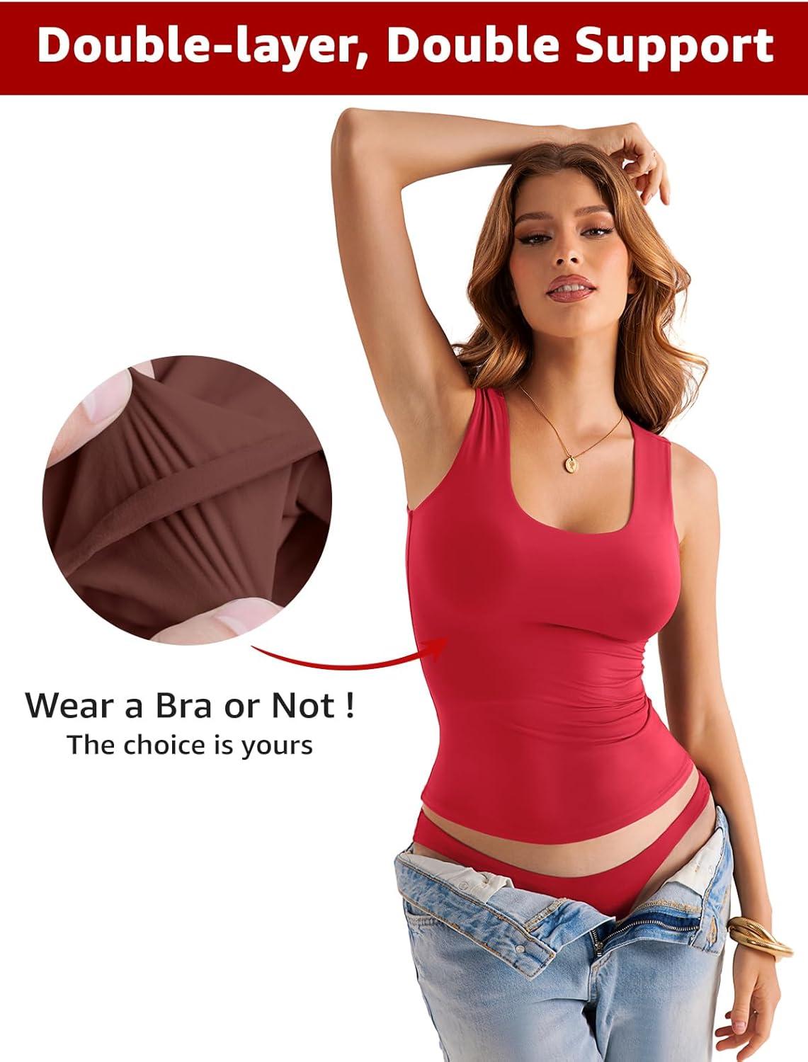 imageWomens Double Lined Scoop Neck Tank Tops Basic Slim Fit Sleeveless Shirts Y2K Summer Going Out OutfitsRed