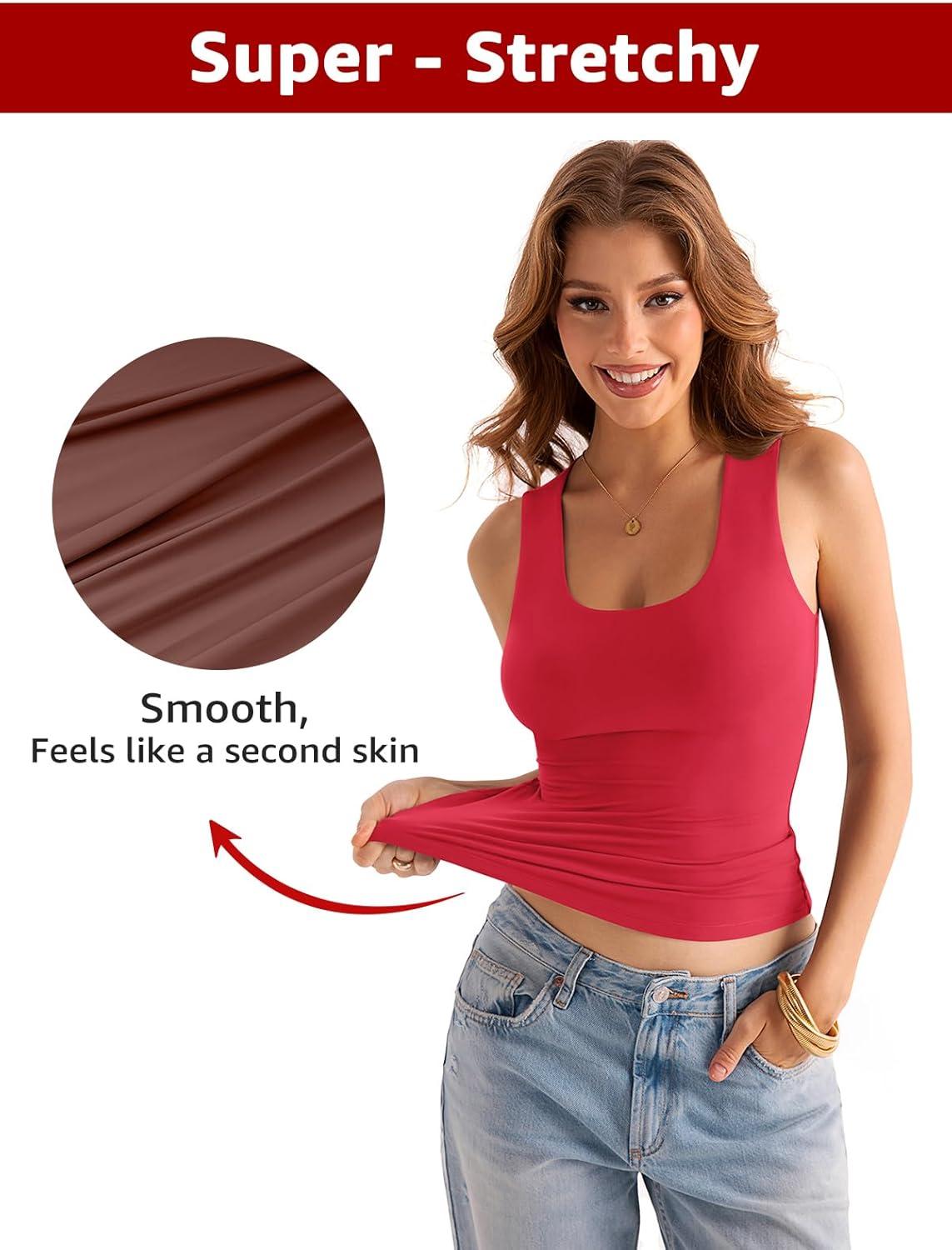 imageWomens Double Lined Scoop Neck Tank Tops Basic Slim Fit Sleeveless Shirts Y2K Summer Going Out OutfitsRed