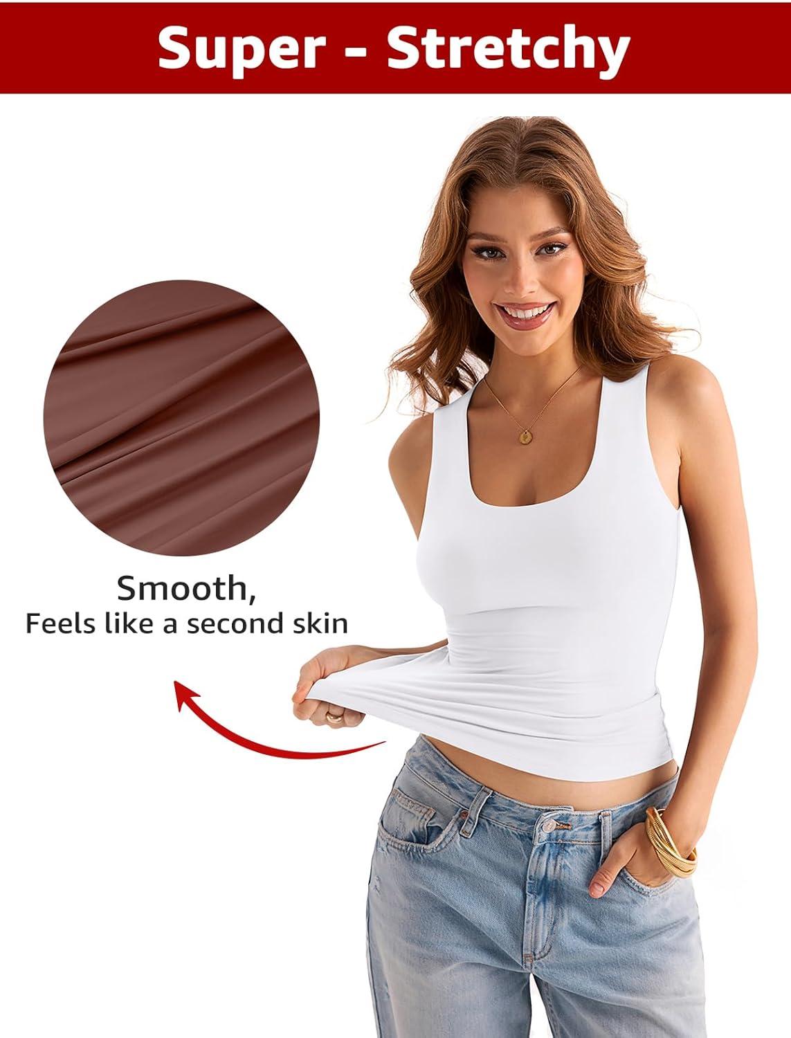 imageWomens Double Lined Scoop Neck Tank Tops Basic Slim Fit Sleeveless Shirts Y2K Summer Going Out OutfitsWhite