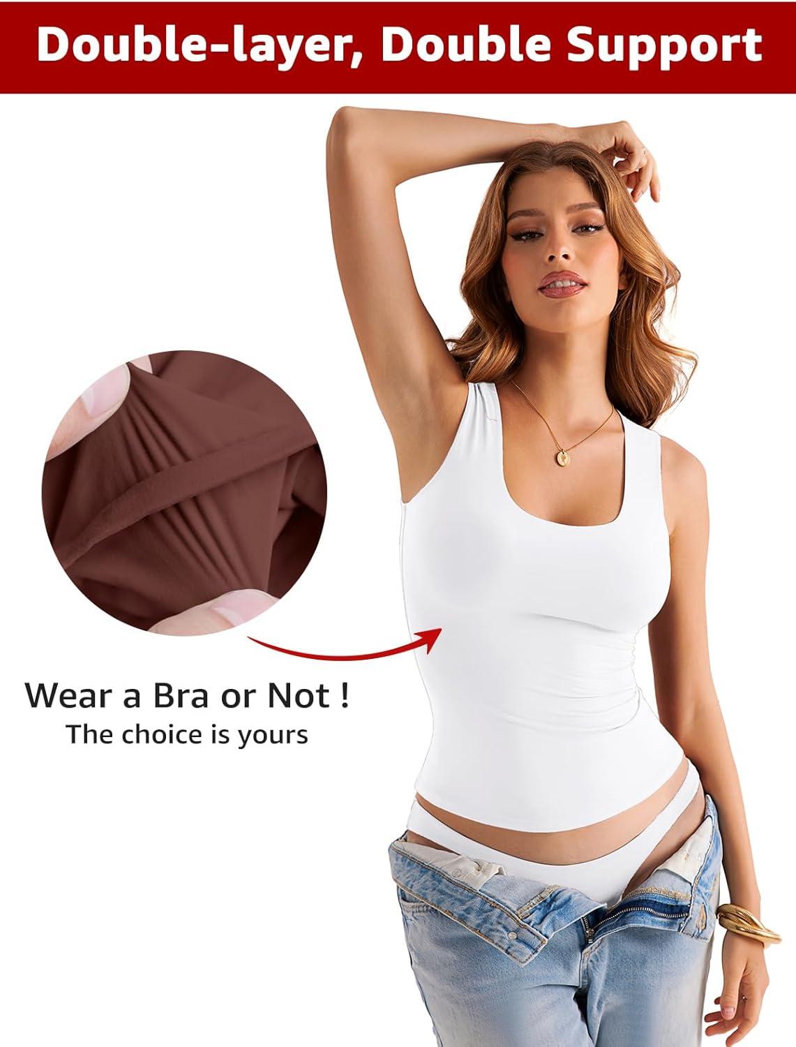 imageWomens Double Lined Scoop Neck Tank Tops Basic Slim Fit Sleeveless Shirts Y2K Summer Going Out OutfitsWhite