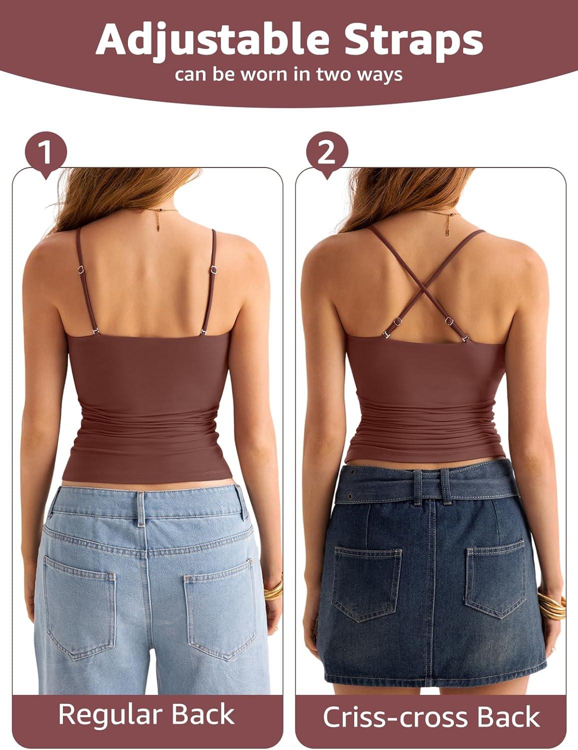 imageWomens Double Lined Square Neck Tank Tops Adjustable Spaghetti Strap Camisole Y2K Going Out Cami ShirtRed