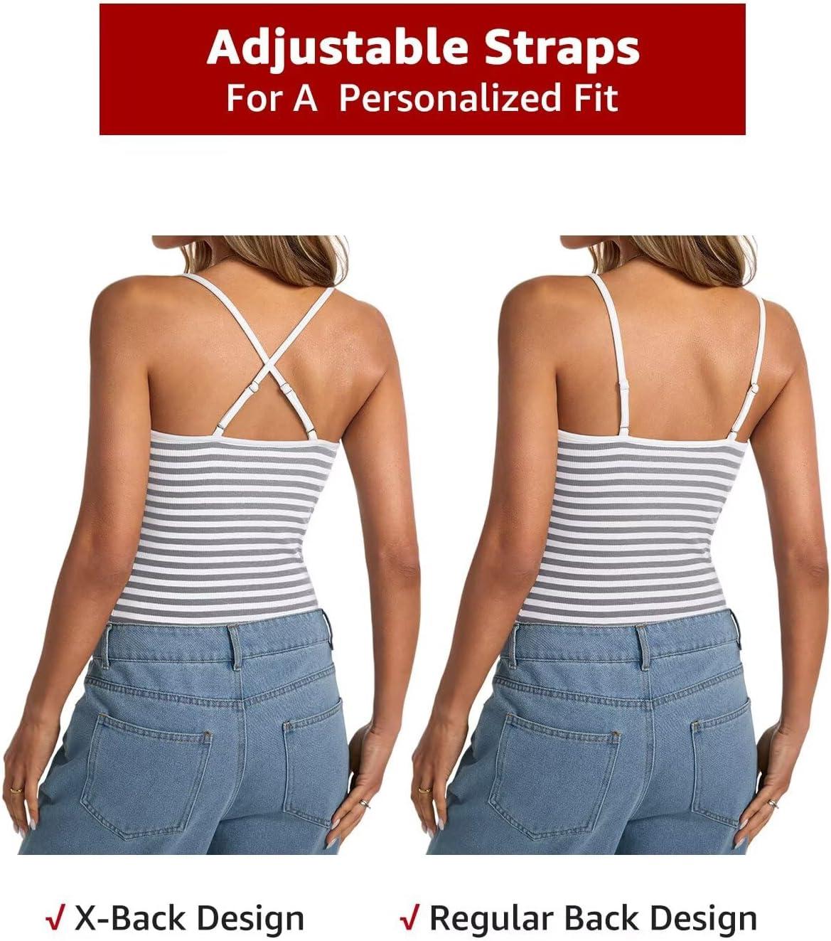 imageWomens Lace Camisole Tops Square Neck Ribbed Tank Tops Adjustable Spaghetti Straps Sleeveless Summer Shirt 2025Gray Stripe