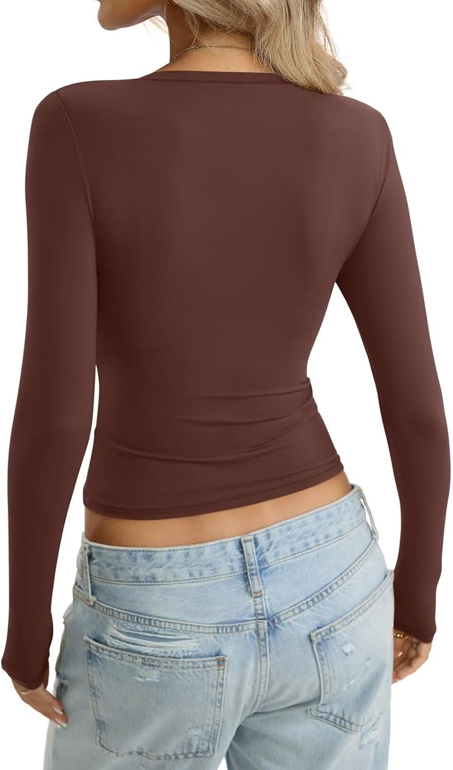 imageWomens Long Sleeve Shirts Lightweight Stretchy Going Out Tops Crew Neck Basic Tee Slim Fit Fall Y2K Outfit 2026Brown