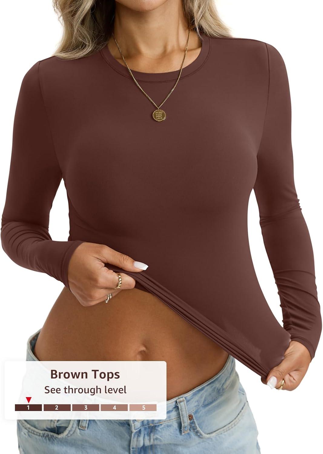 imageWomens Long Sleeve Shirts Lightweight Stretchy Going Out Tops Crew Neck Basic Tee Slim Fit Fall Y2K Outfit 2026Brown