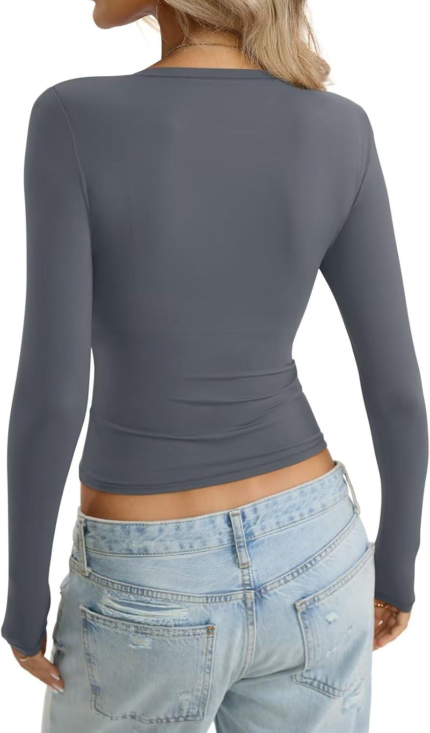 imageWomens Long Sleeve Shirts Lightweight Stretchy Going Out Tops Crew Neck Basic Tee Slim Fit Fall Y2K Outfit 2026Gray