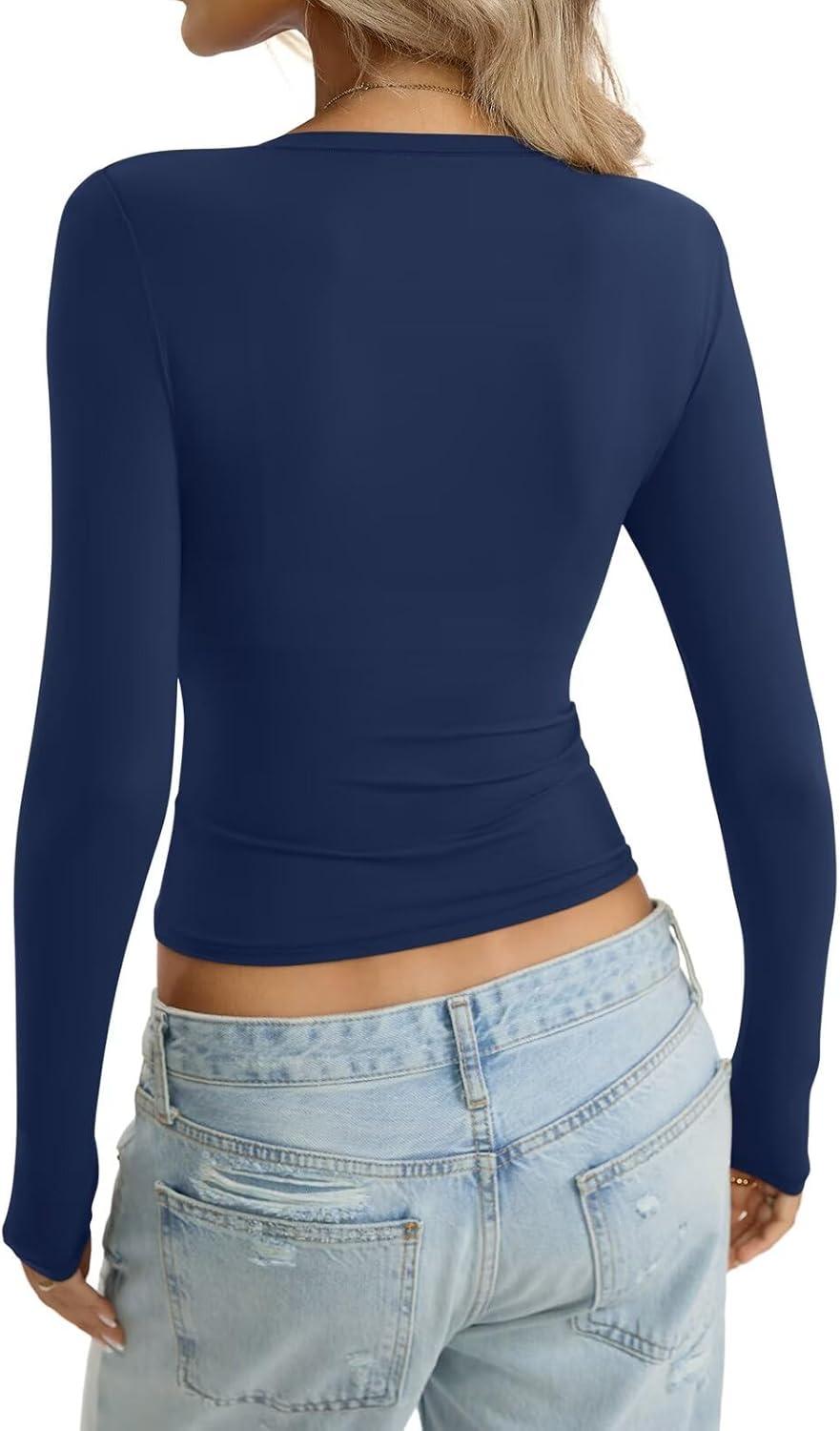 imageWomens Long Sleeve Shirts Lightweight Stretchy Going Out Tops Crew Neck Basic Tee Slim Fit Fall Y2K Outfit 2026Navy Blue
