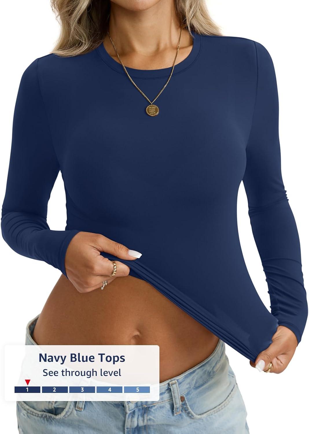 imageWomens Long Sleeve Shirts Lightweight Stretchy Going Out Tops Crew Neck Basic Tee Slim Fit Fall Y2K Outfit 2026Navy Blue