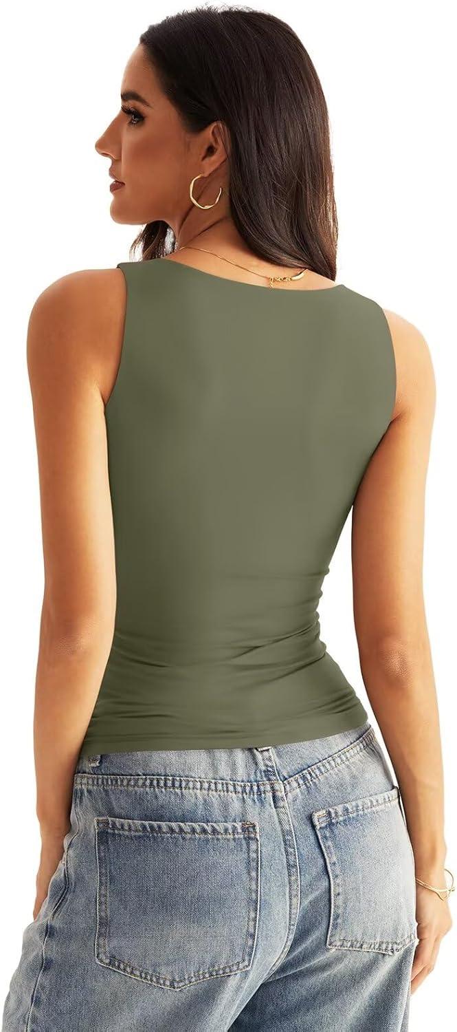 imageWomens V Neck Tank Tops Sleeveless Double Lined Basic Tops Slim Fit Summer Shirts 2025Army Green