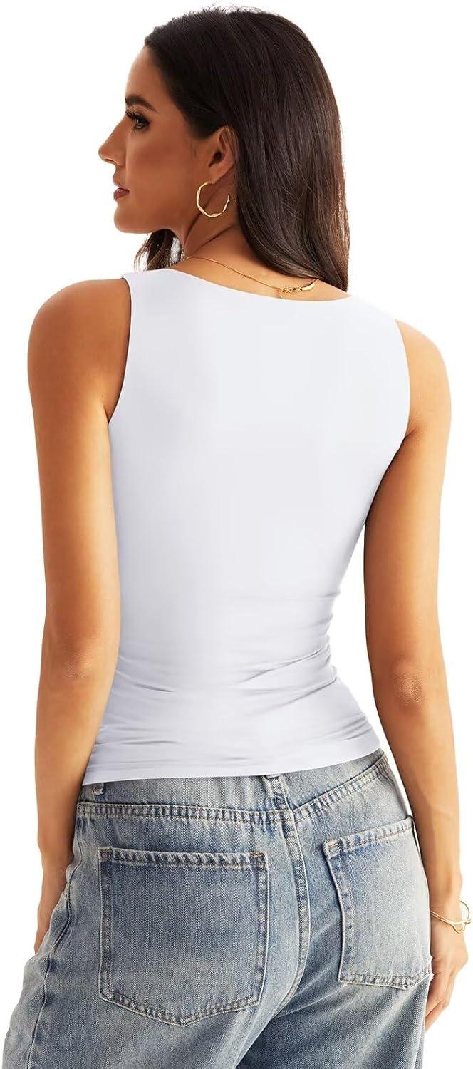 imageWomens V Neck Tank Tops Sleeveless Double Lined Basic Tops Slim Fit Summer Shirts 2025White