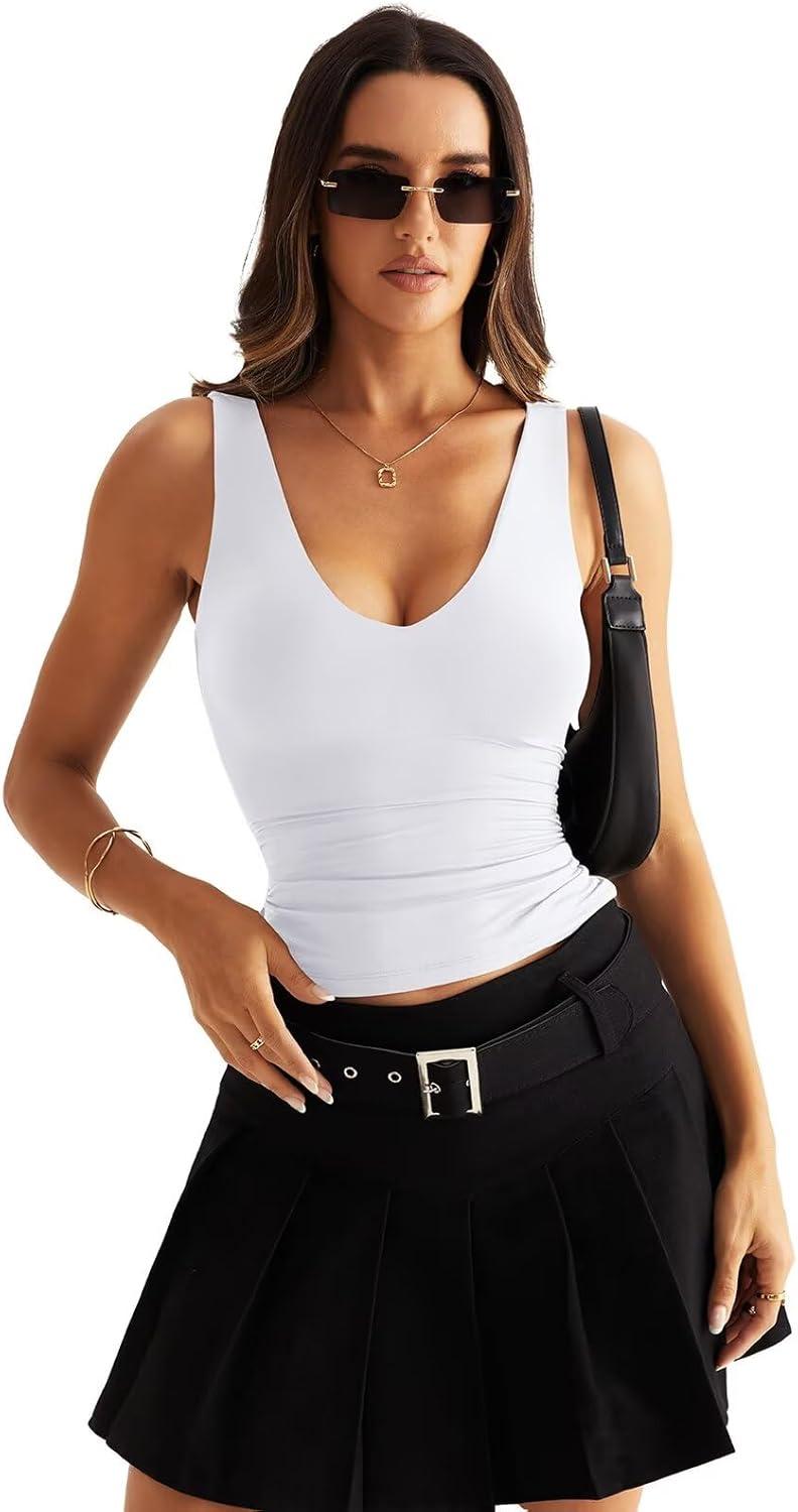 imageWomens V Neck Tank Tops Sleeveless Double Lined Basic Tops Slim Fit Summer Shirts 2025White