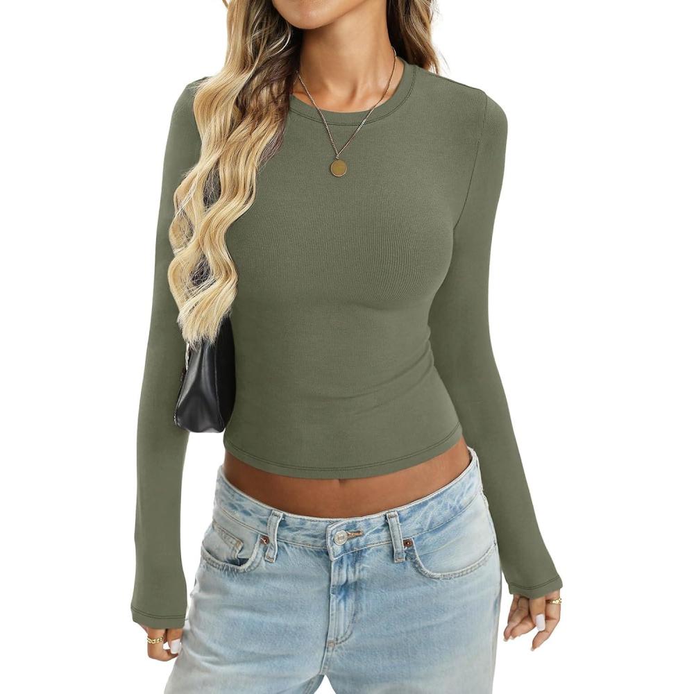 imageWomen Cotton Ribbed Long Sleeve Shirts Crew Neck Tight Tees Sexy Fitted TShirt Fall Basic Layer Clothes 2026Green