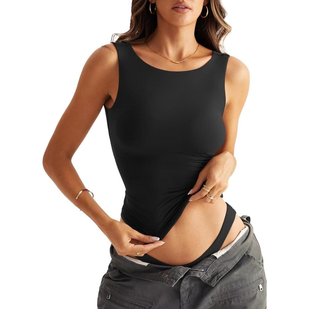 imageWomen Sleeveless Boat Neck Tops Double Lined Backless Tank Tops Basic Fitted T Shirts 2025Black