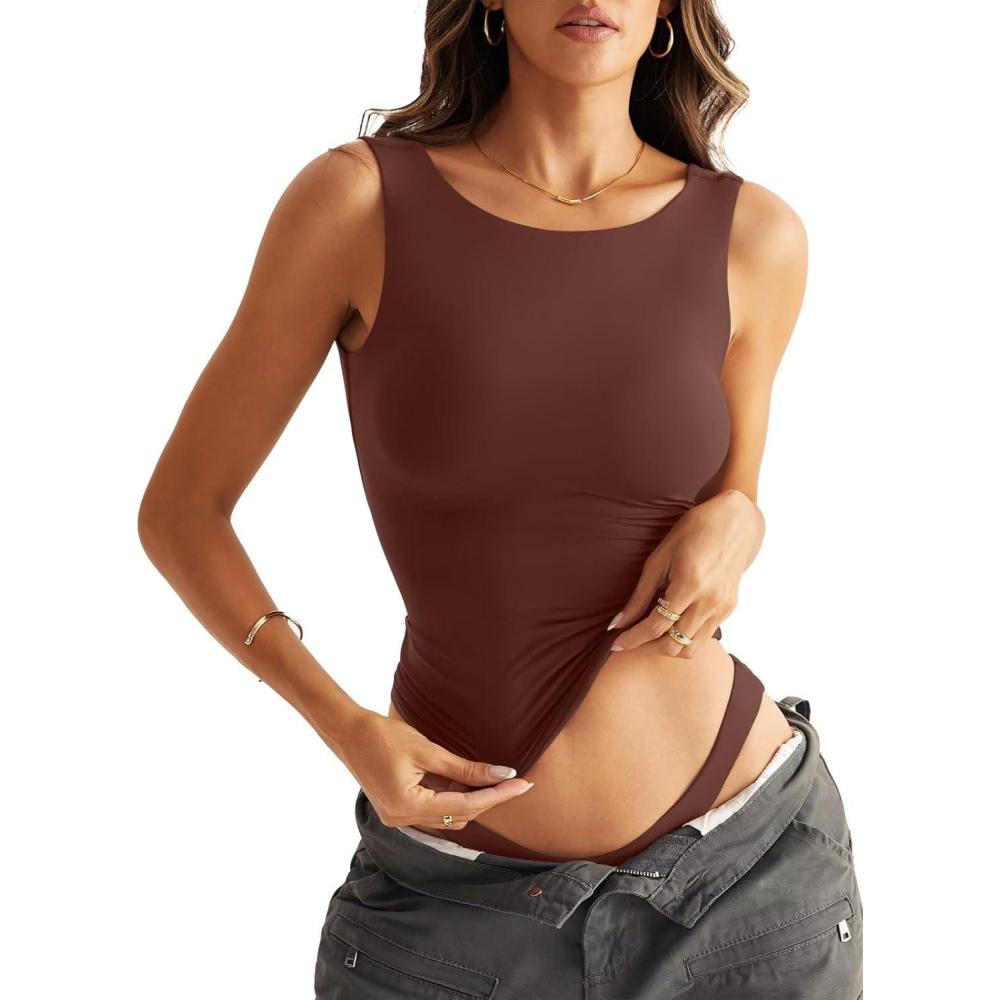 imageWomen Sleeveless Boat Neck Tops Double Lined Backless Tank Tops Basic Fitted T Shirts 2025Brown