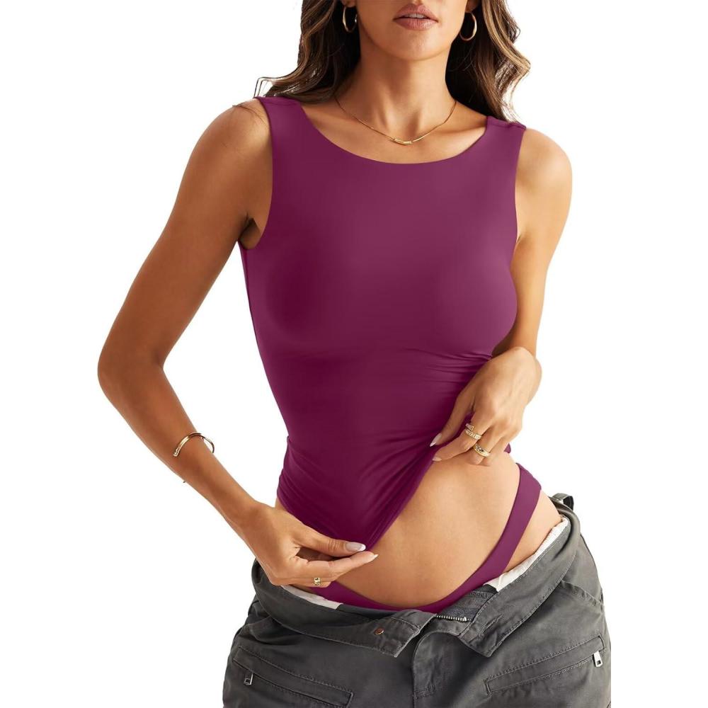 imageWomen Sleeveless Boat Neck Tops Double Lined Backless Tank Tops Basic Fitted T Shirts 2025Dark Magenta