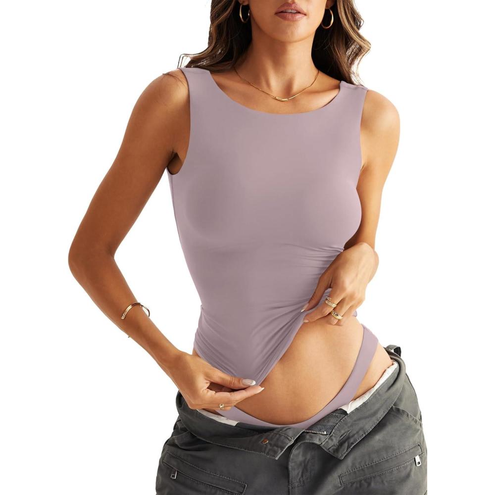 imageWomen Sleeveless Boat Neck Tops Double Lined Backless Tank Tops Basic Fitted T Shirts 2025Dusky Pink